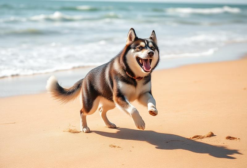 ビーチでボールを追いかけるハスキー