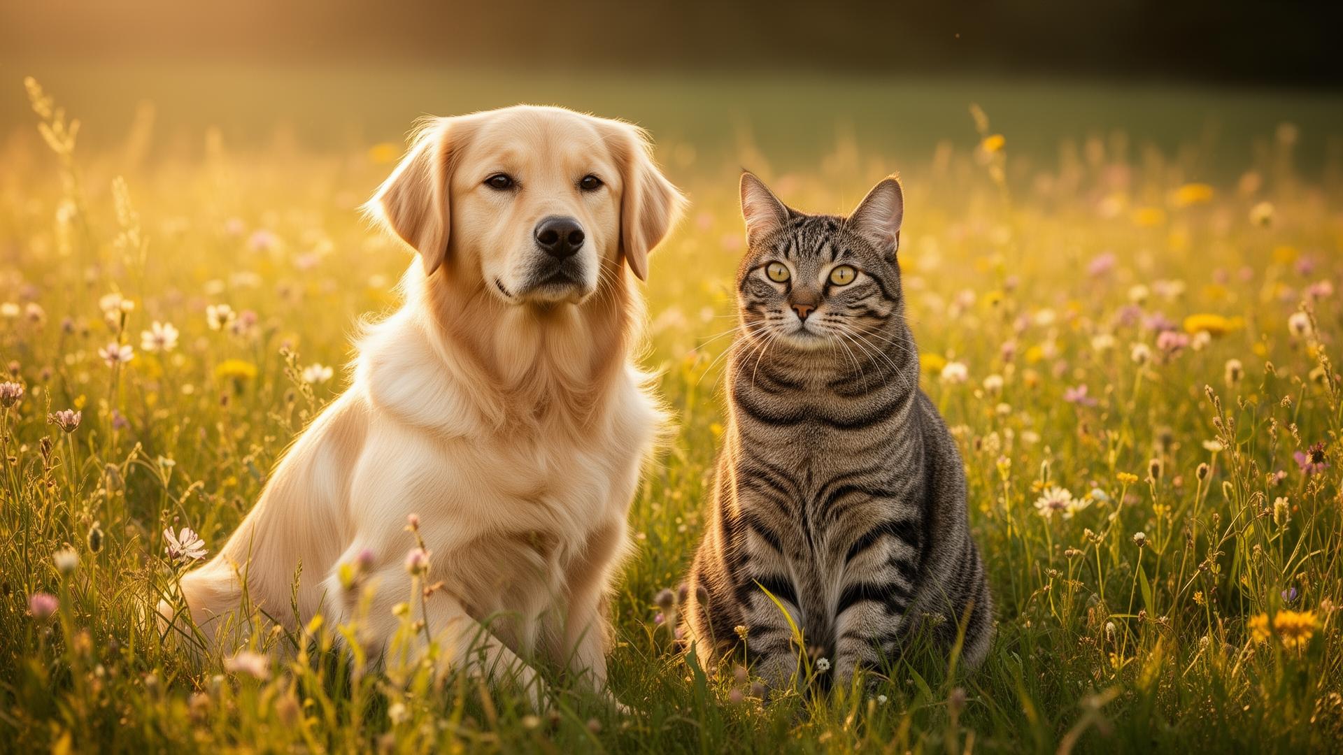 ひまわり畑で一緒に座るゴールデンレトリバーとタビー猫