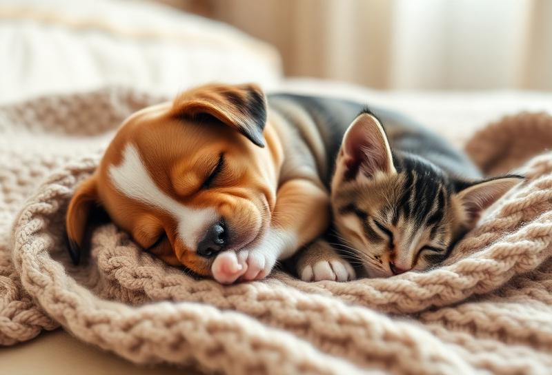 一緒にお昼寝する子犬と子猫